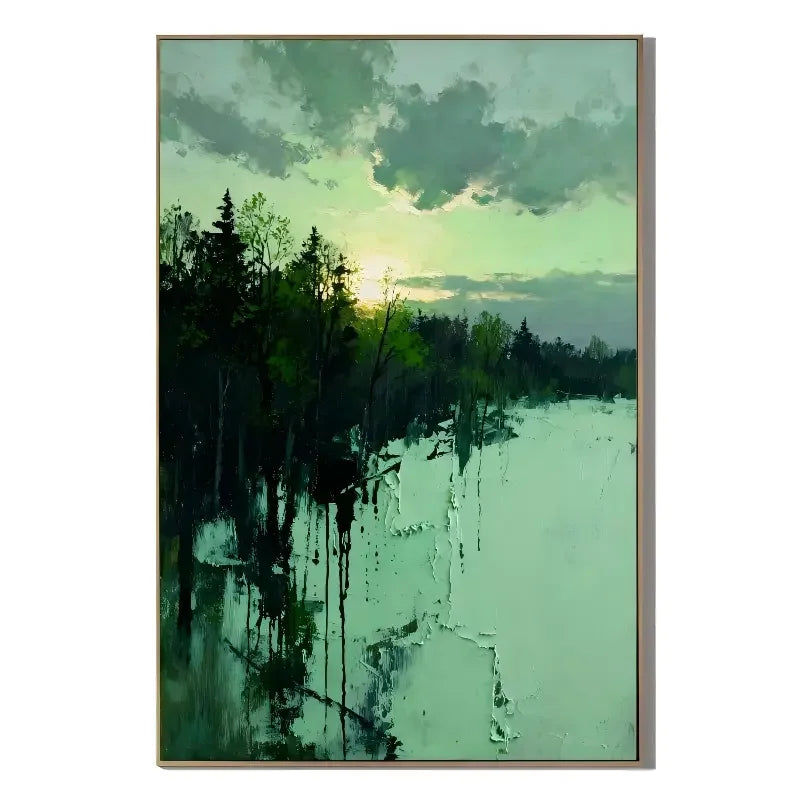 Ownanart Original Hand-Painted Forest Lake Landscape Oil Painting – Blue Green Winter Snow Scene, Sunset Sky & Woodland Reflection Textured Wall Art for Modern Living Room, Bedroom and Hotel Decor # OA 1359