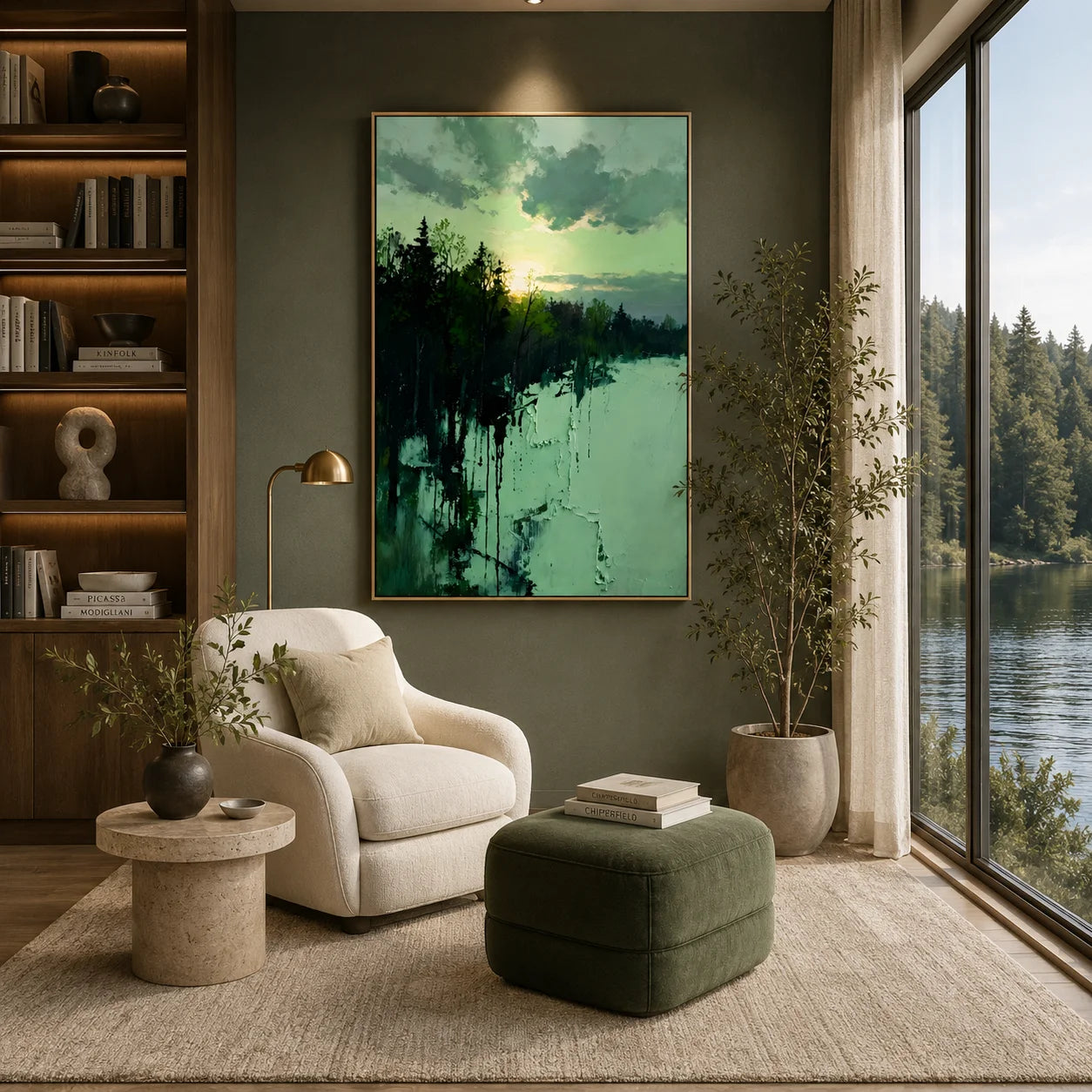 Ownanart Original Hand-Painted Forest Lake Landscape Oil Painting – Blue Green Winter Snow Scene, Sunset Sky & Woodland Reflection Textured Wall Art for Modern Living Room, Bedroom and Hotel Decor # OA 1359