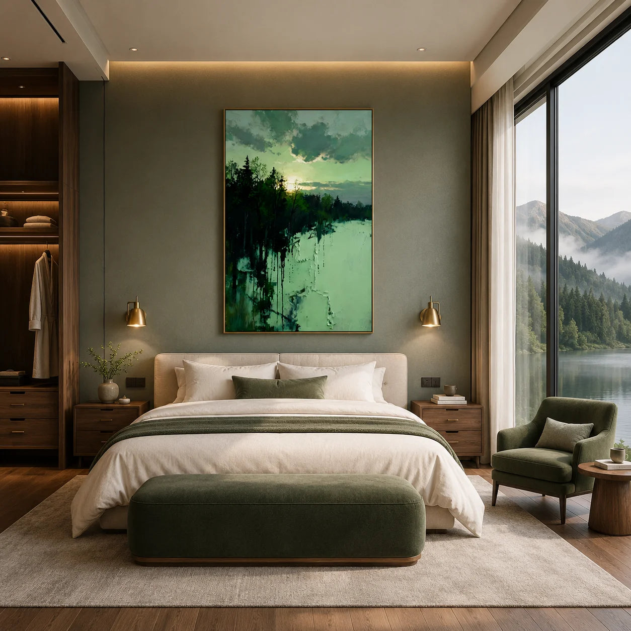 Ownanart Original Hand-Painted Forest Lake Landscape Oil Painting – Blue Green Winter Snow Scene, Sunset Sky & Woodland Reflection Textured Wall Art for Modern Living Room, Bedroom and Hotel Decor # OA 1359