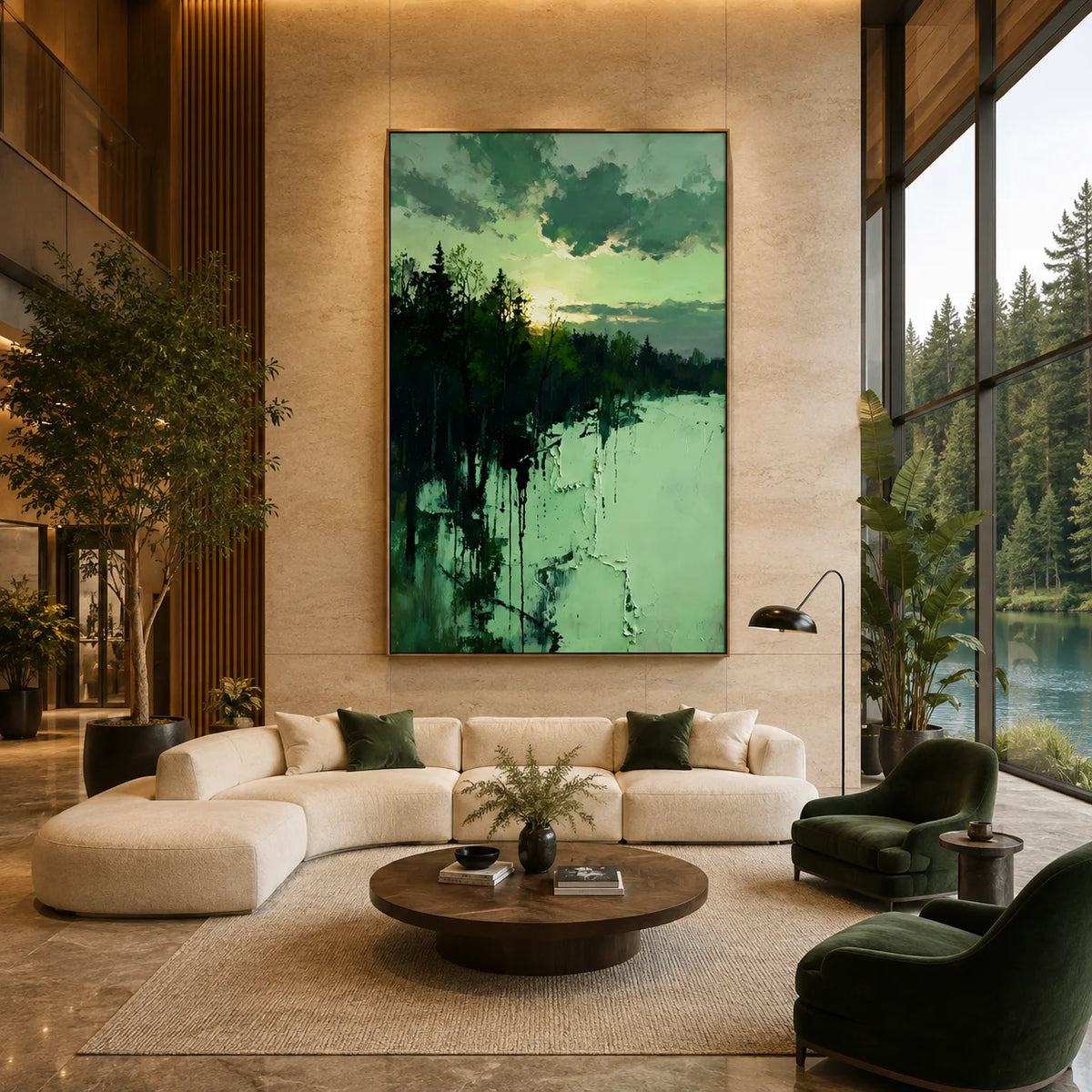 Ownanart Original Hand-Painted Forest Lake Landscape Oil Painting – Blue Green Winter Snow Scene, Sunset Sky & Woodland Reflection Textured Wall Art for Modern Living Room, Bedroom and Hotel Decor # OA 1359
