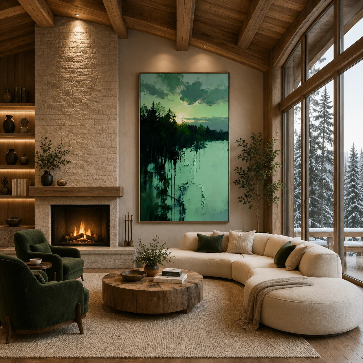 Ownanart Original Hand-Painted Forest Lake Landscape Oil Painting – Blue Green Winter Snow Scene, Sunset Sky & Woodland Reflection Textured Wall Art for Modern Living Room, Bedroom and Hotel Decor # OA 1359