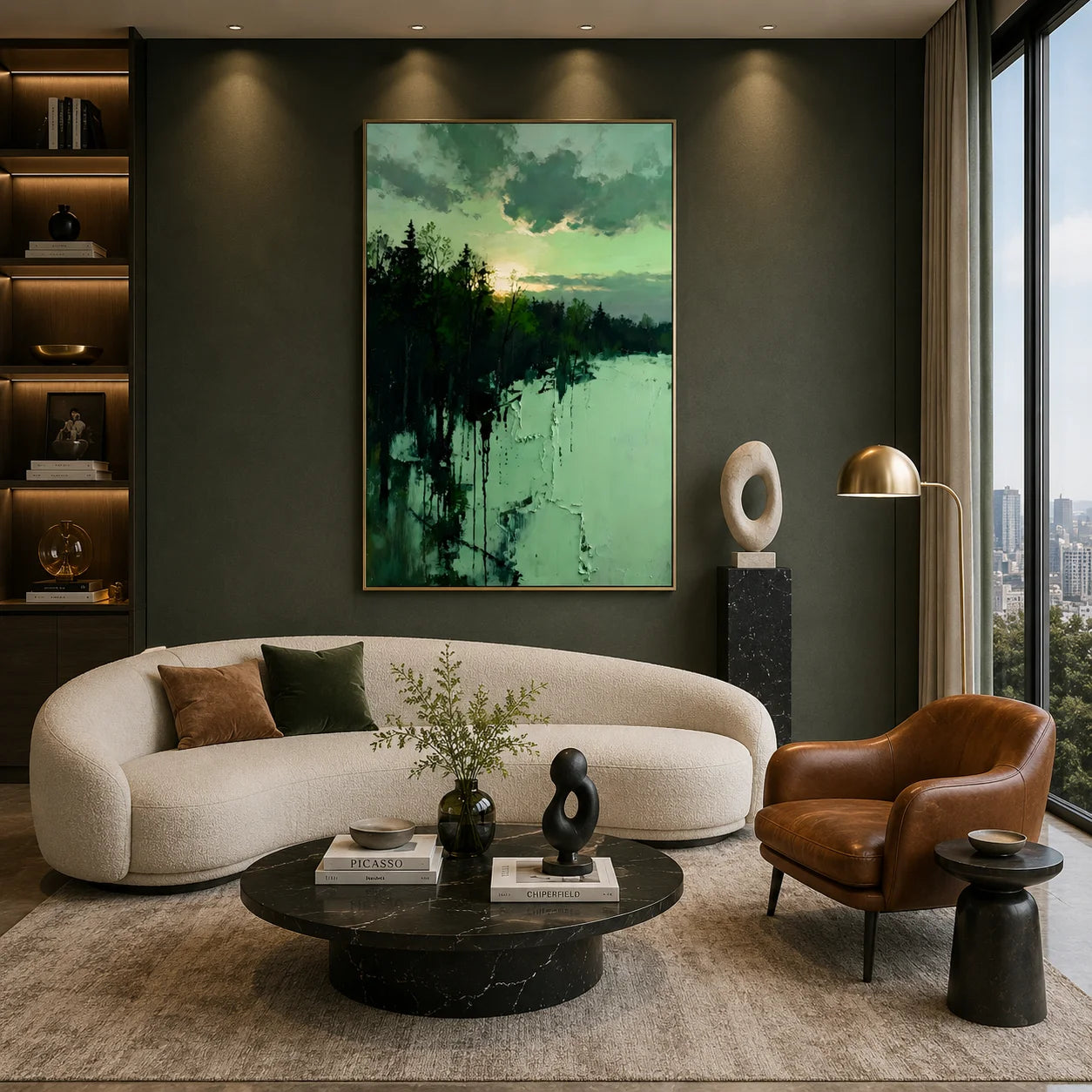 Ownanart Original Hand-Painted Forest Lake Landscape Oil Painting – Blue Green Winter Snow Scene, Sunset Sky & Woodland Reflection Textured Wall Art for Modern Living Room, Bedroom and Hotel Decor # OA 1359