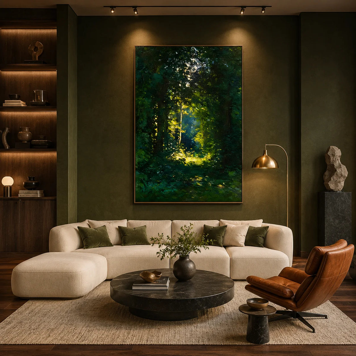 Ownanart Original Hand-Painted Forest Landscape Oil Painting, Sunlight Through Deep Green Trees and Peaceful Woodland Path Canvas Wall Art for Living Room, Bedroom and Luxury Home Decor # OA 1367
