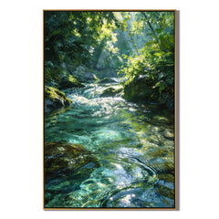 Ownanart Original Hand-Painted Forest Stream Landscape Oil Painting | Sunlit Woodland River Nature Artwork | Green Forest Water Scenery Wall Art for Home Decor # OA 1392