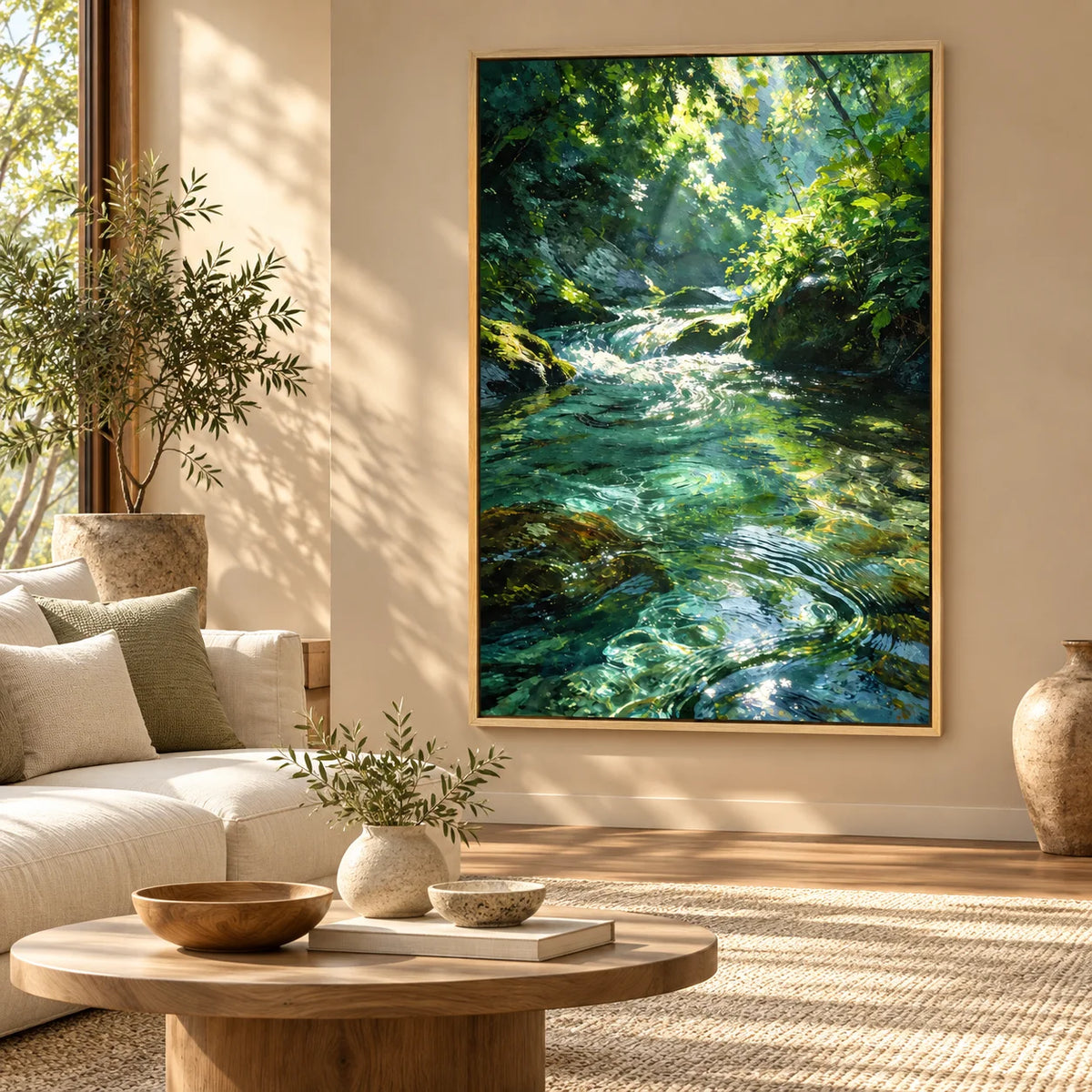 Ownanart Original Hand-Painted Forest Stream Landscape Oil Painting | Sunlit Woodland River Nature Artwork | Green Forest Water Scenery Wall Art for Home Decor
