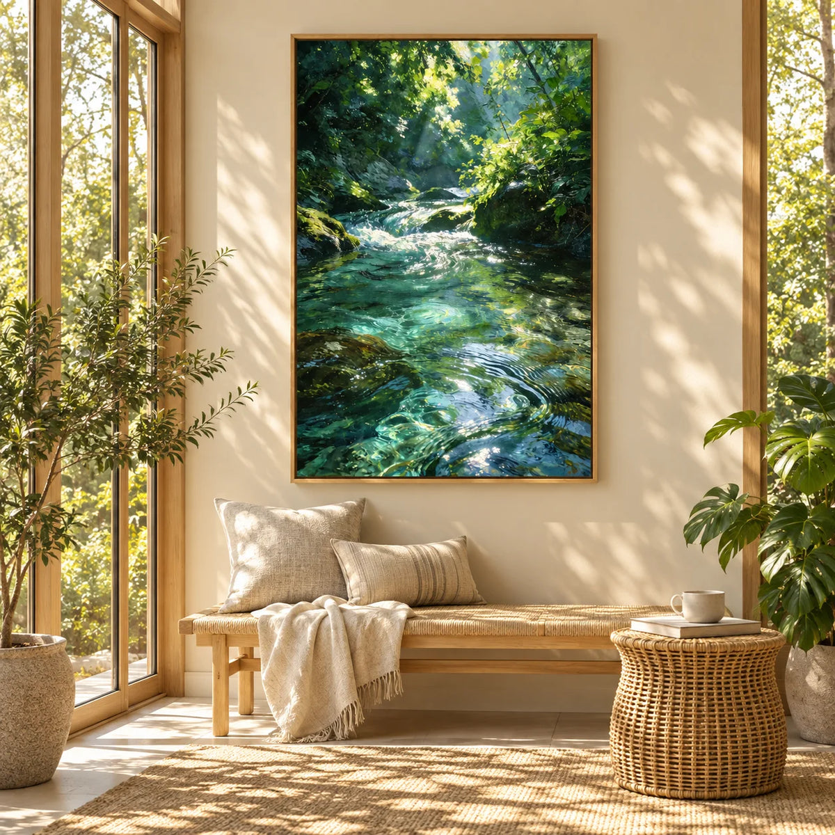 Ownanart Original Hand-Painted Forest Stream Landscape Oil Painting | Sunlit Woodland River Nature Artwork | Green Forest Water Scenery Wall Art for Home Decor