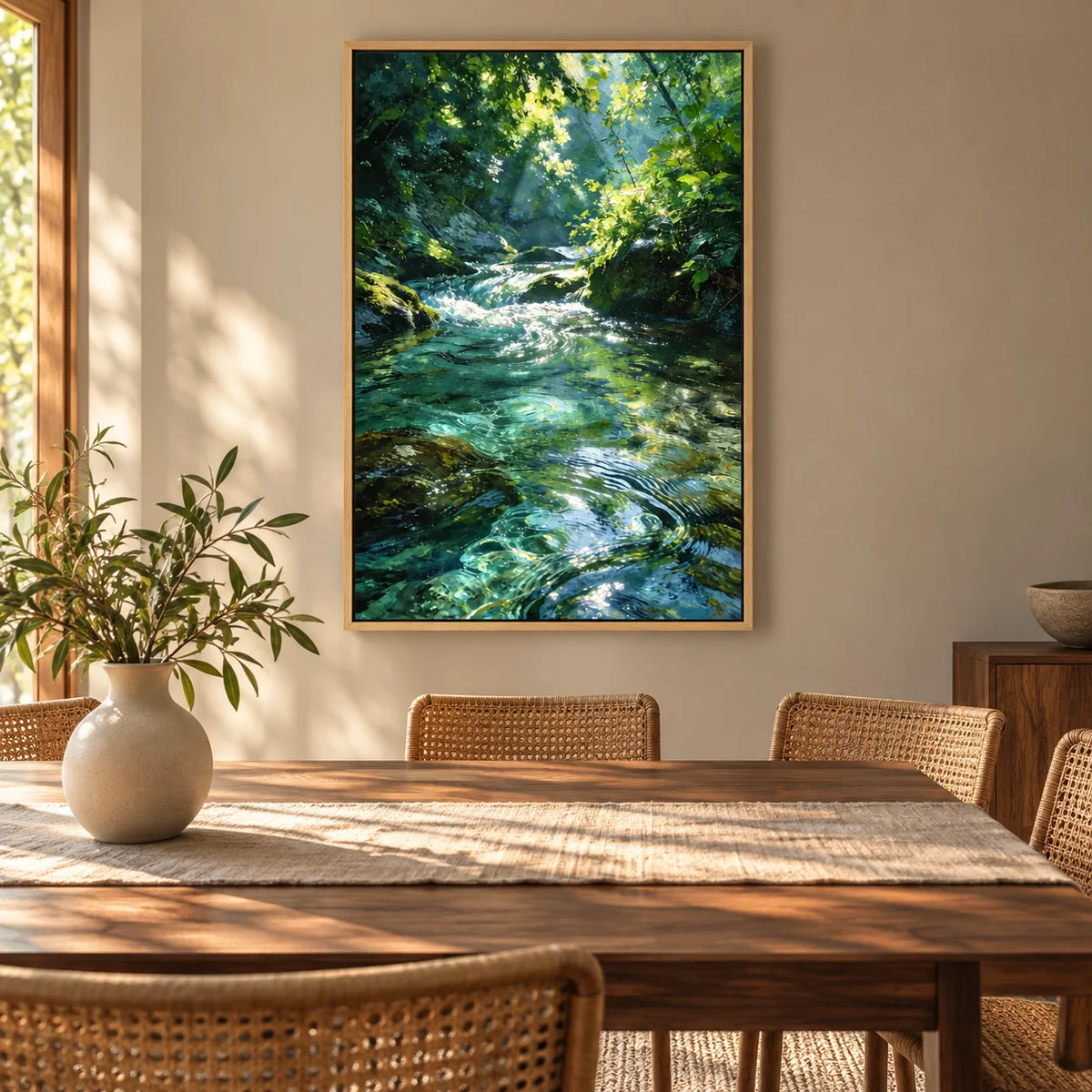Ownanart Original Hand-Painted Forest Stream Landscape Oil Painting | Sunlit Woodland River Nature Artwork | Green Forest Water Scenery Wall Art for Home Decor