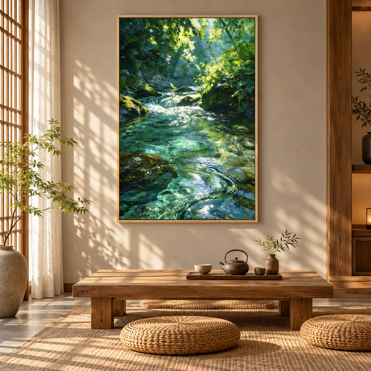 Ownanart Original Hand-Painted Forest Stream Landscape Oil Painting | Sunlit Woodland River Nature Artwork | Green Forest Water Scenery Wall Art for Home Decor