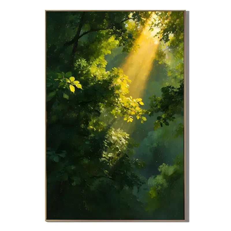 Ownanart Original Hand-Painted Forest Sunlight Oil Painting, Golden Rays Through Lush Green Trees and Serene Nature Landscape Canvas Wall Art for Living Room, Bedroom and Luxury Home Decor # OA 1364