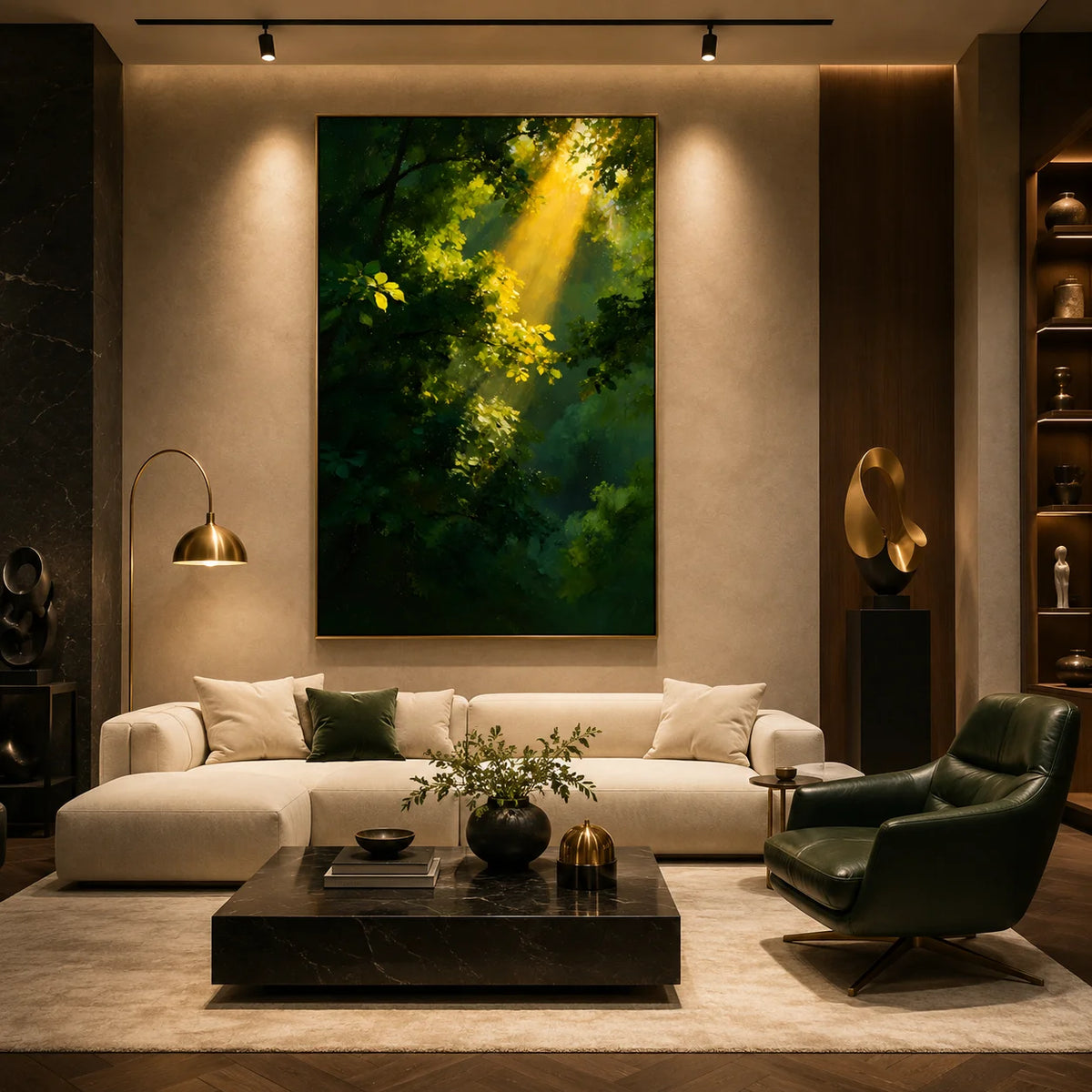 Ownanart Original Hand-Painted Forest Sunlight Oil Painting, Golden Rays Through Lush Green Trees and Serene Nature Landscape Canvas Wall Art for Living Room, Bedroom and Luxury Home Decor # OA 1364