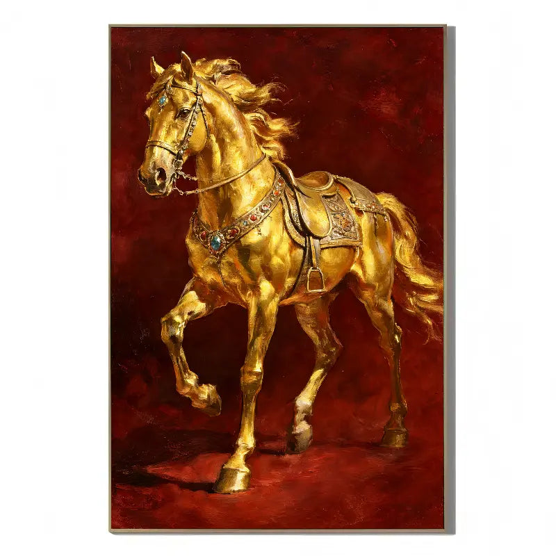 Ownanart Original Hand-Painted Golden Horse Oil Painting, Luxury Equestrian Wall Art with Rich Red Background for Living Room, Office & Elegant Home Decor # OA 1385