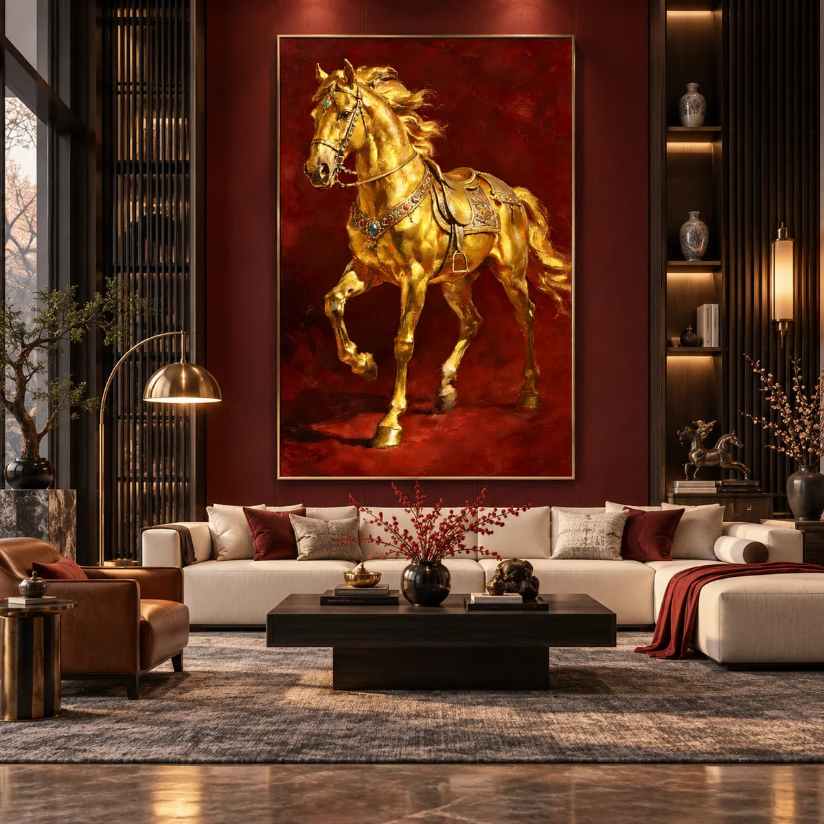 Ownanart Original Hand-Painted Golden Horse Oil Painting, Luxury Equestrian Wall Art with Rich Red Background for Living Room, Office & Elegant Home Decor # OA 1385