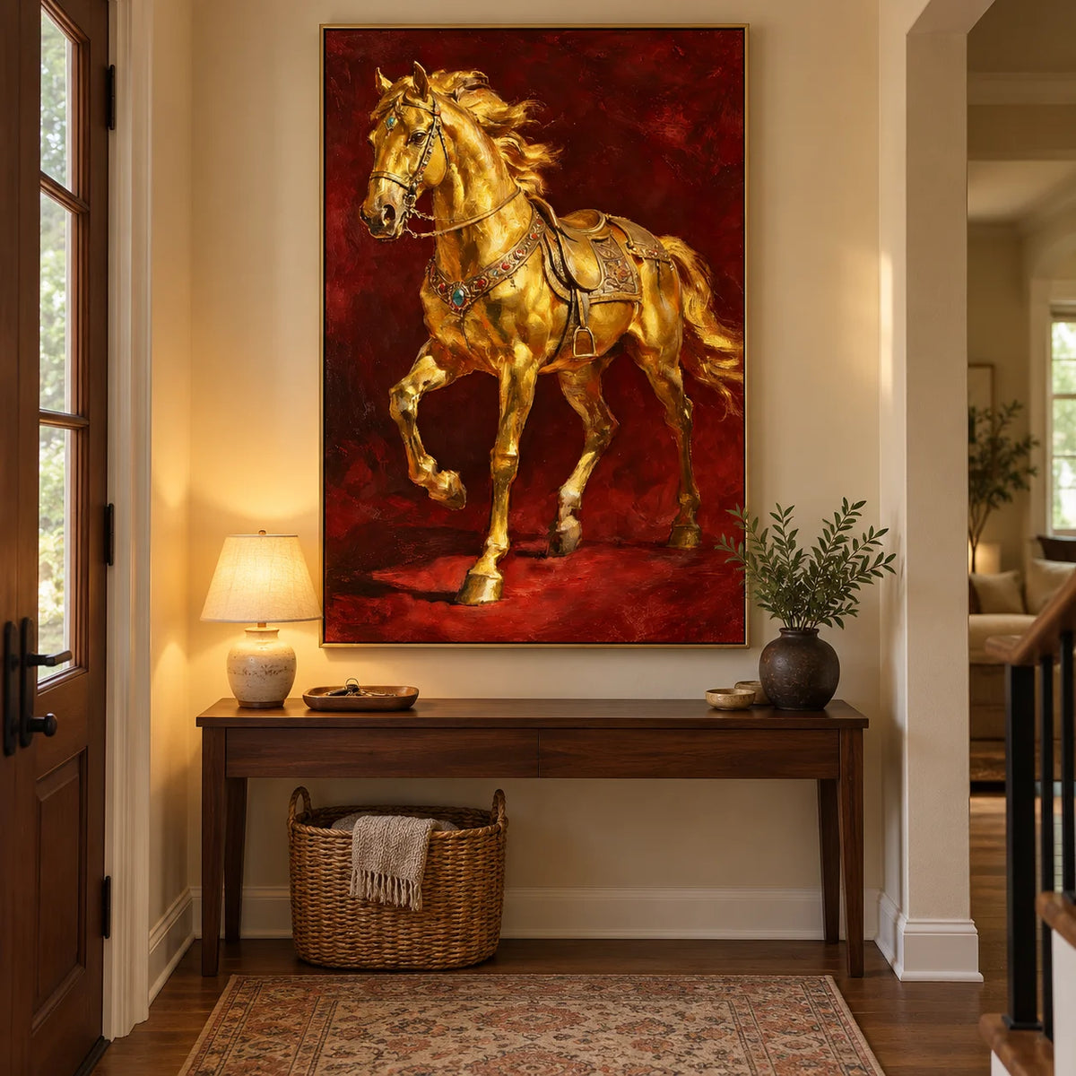 Ownanart Original Hand-Painted Golden Horse Oil Painting, Luxury Equestrian Wall Art with Rich Red Background for Living Room, Office & Elegant Home Decor