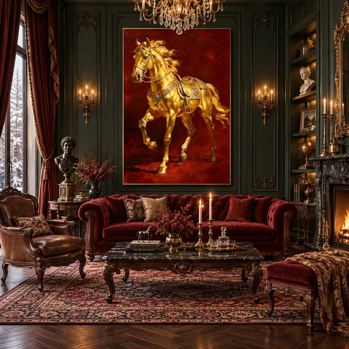 Ownanart Original Hand-Painted Golden Horse Oil Painting, Luxury Equestrian Wall Art with Rich Red Background for Living Room, Office & Elegant Home Decor # OA 1385