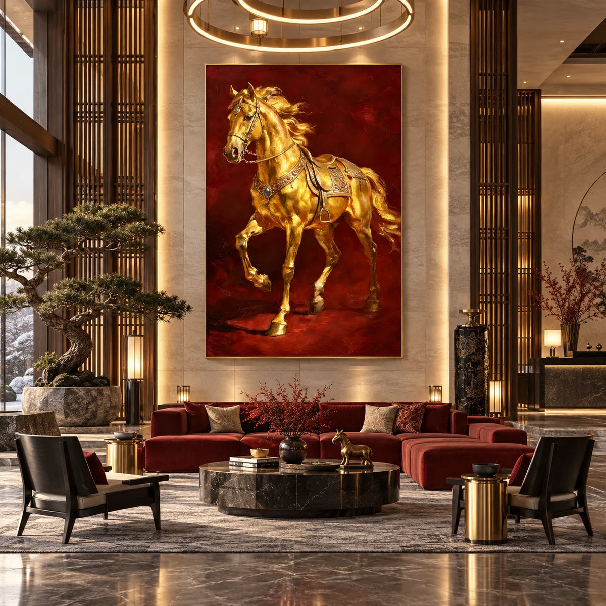 Ownanart Original Hand-Painted Golden Horse Oil Painting, Luxury Equestrian Wall Art with Rich Red Background for Living Room, Office & Elegant Home Decor # OA 1385