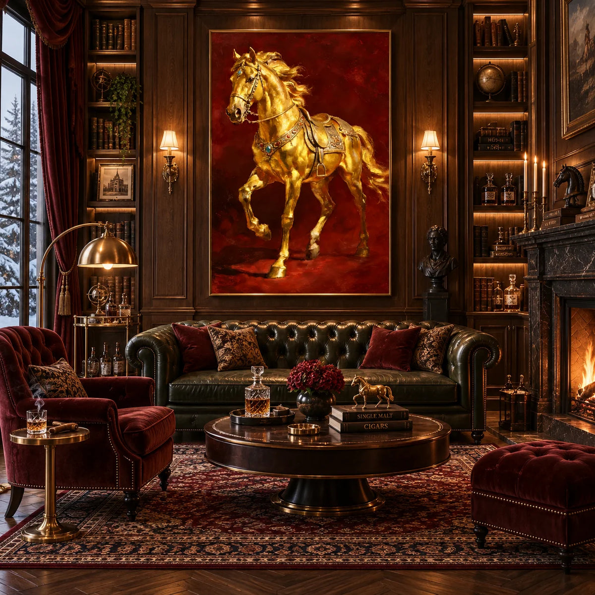 Ownanart Original Hand-Painted Golden Horse Oil Painting, Luxury Equestrian Wall Art with Rich Red Background for Living Room, Office & Elegant Home Decor # OA 1385
