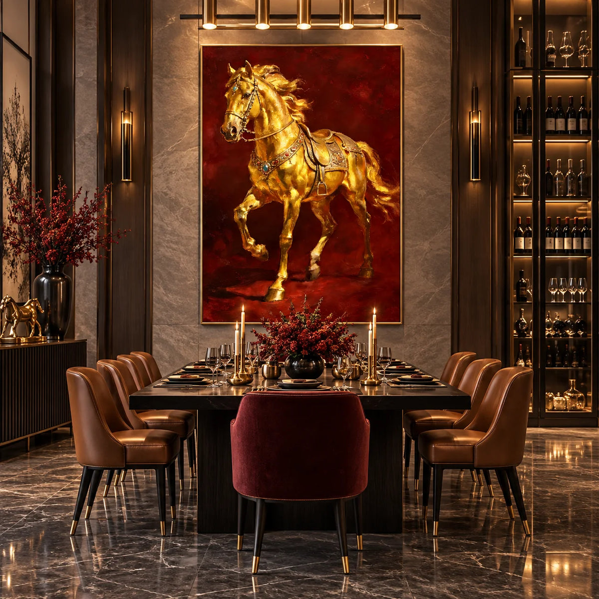 Ownanart Original Hand-Painted Golden Horse Oil Painting, Luxury Equestrian Wall Art with Rich Red Background for Living Room, Office & Elegant Home Decor # OA 1385