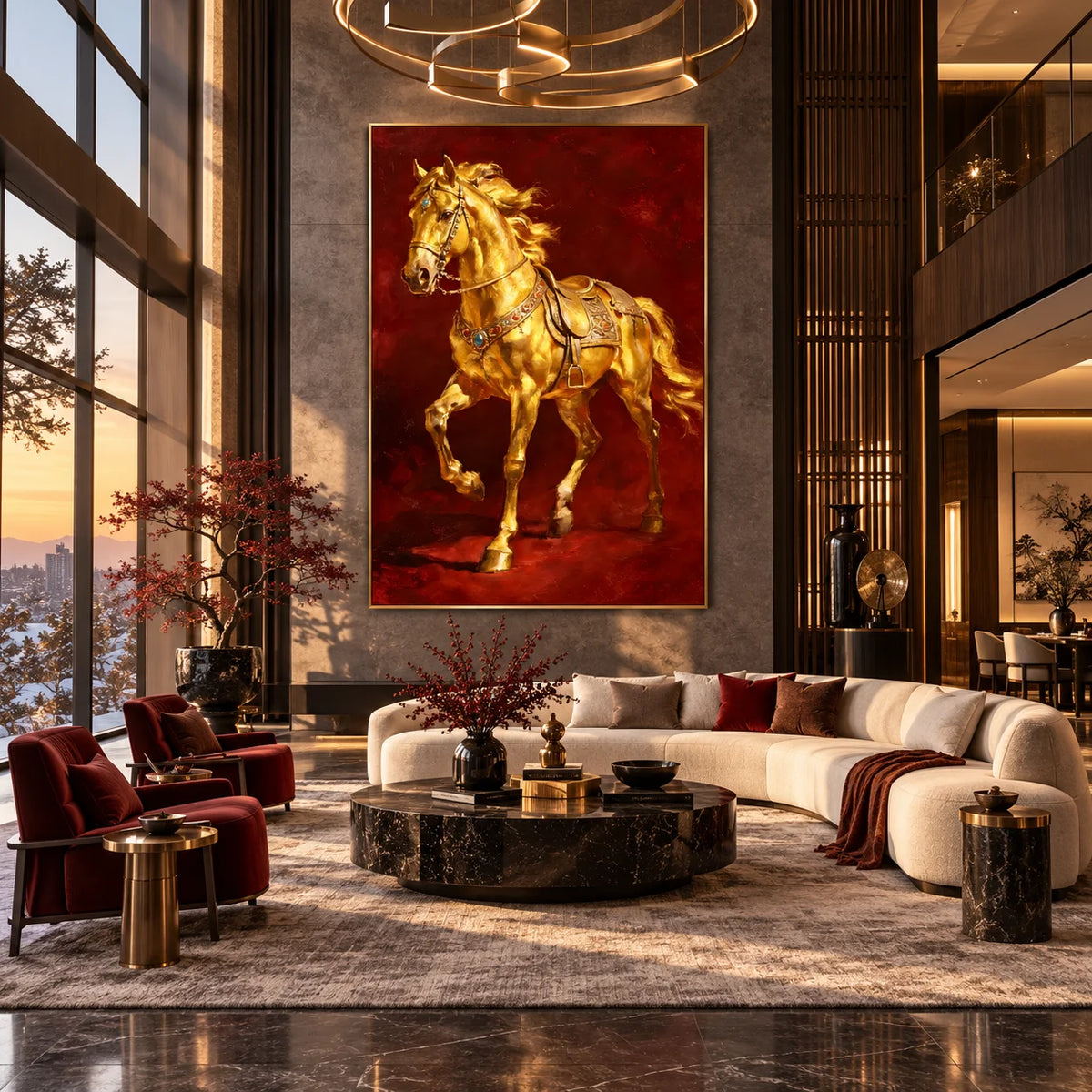 Ownanart Original Hand-Painted Golden Horse Oil Painting, Luxury Equestrian Wall Art with Rich Red Background for Living Room, Office & Elegant Home Decor # OA 1385
