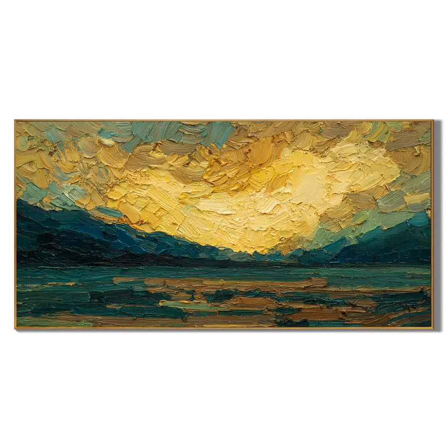 Ownanart Original Hand-Painted Golden Sunset Mountain Lake Oil Painting, Teal Impasto Panoramic Landscape Wall Art for Modern Living Room Decor # OA 1248
