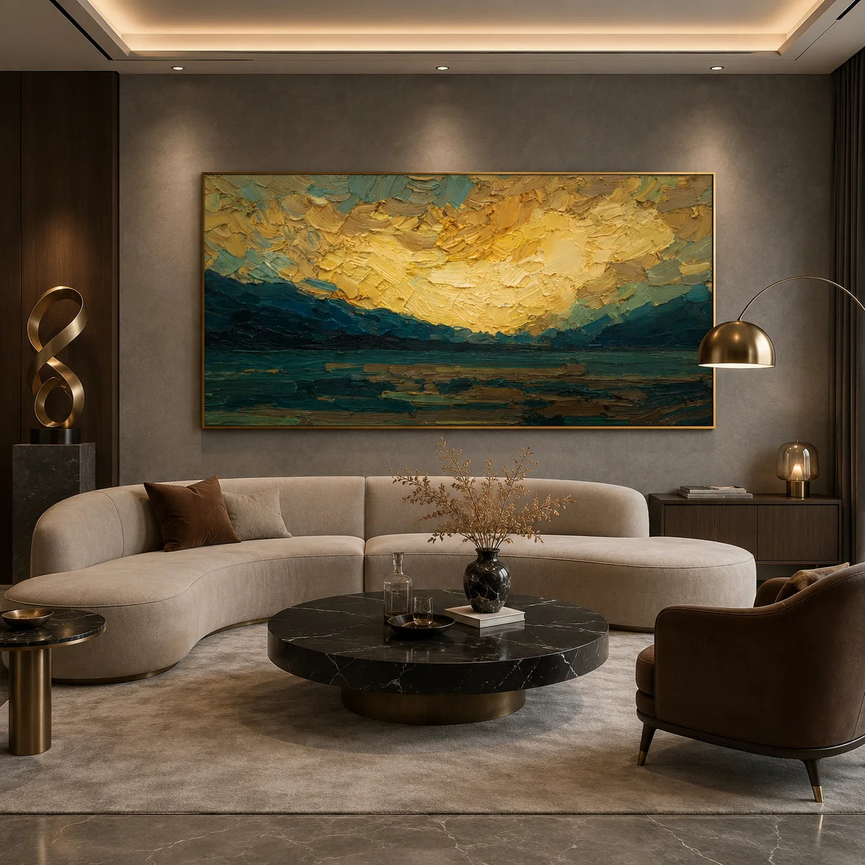 Ownanart Original Hand-Painted Golden Sunset Mountain Lake Oil Painting, Teal Impasto Panoramic Landscape Wall Art for Modern Living Room Decor # OA 1248