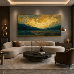 Golden Sunset Mountain Lake Oil Painting – Teal Impasto Panoramic Landscape Wall Art #OA 1248