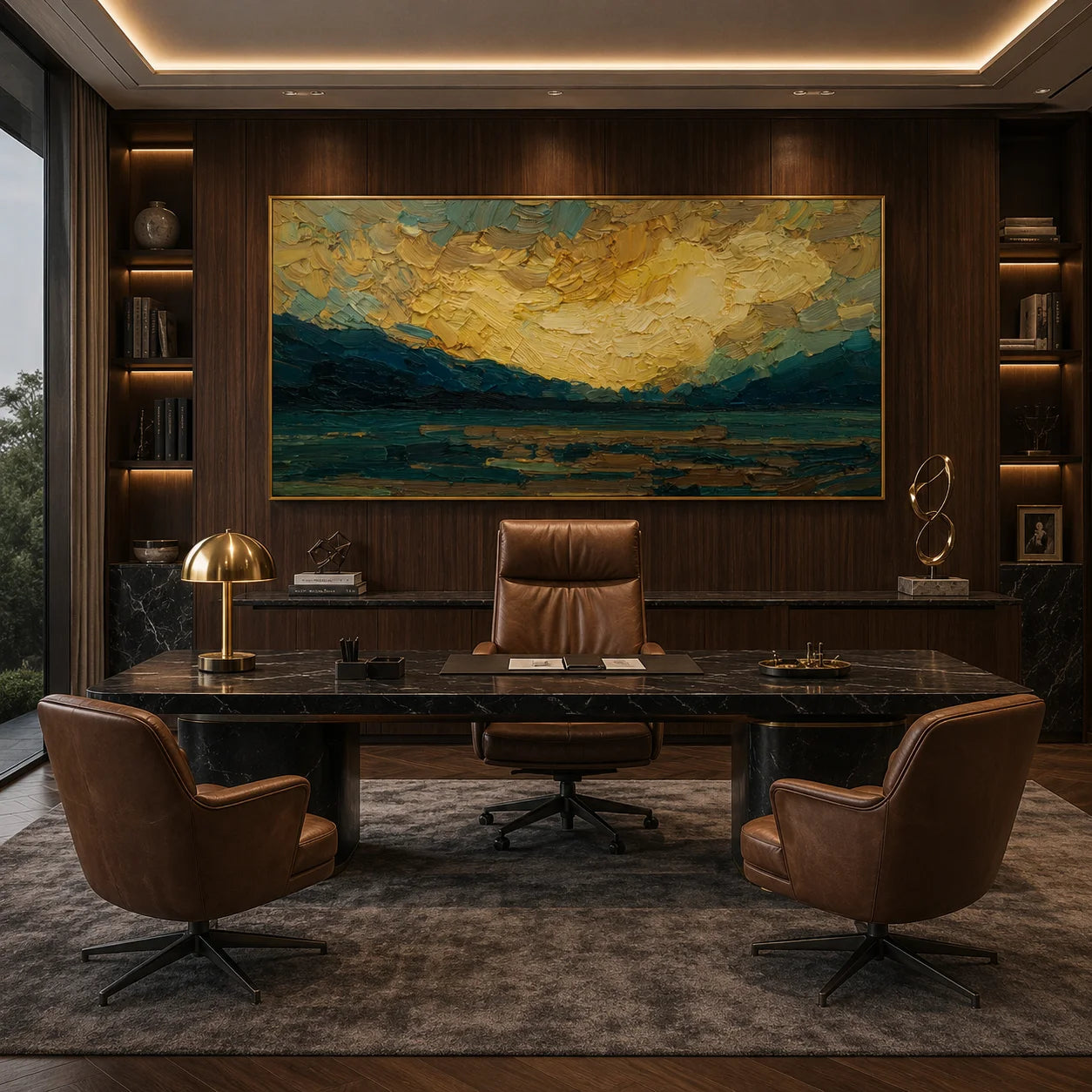 Ownanart Original Hand-Painted Golden Sunset Mountain Lake Oil Painting, Teal Impasto Panoramic Landscape Wall Art for Modern Living Room Decor # OA 1248