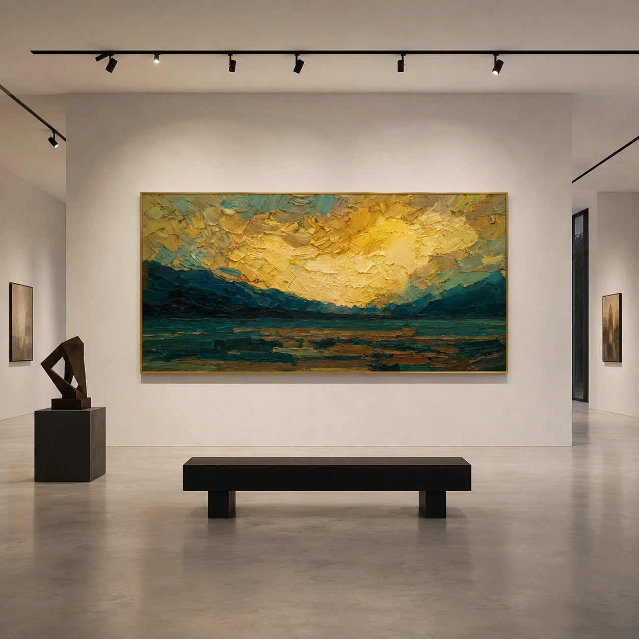 Ownanart Original Hand-Painted Golden Sunset Mountain Lake Oil Painting, Teal Impasto Panoramic Landscape Wall Art for Modern Living Room Decor # OA 1248