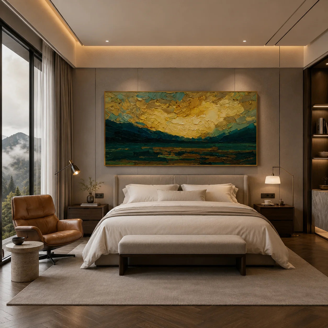 Ownanart Original Hand-Painted Golden Sunset Mountain Lake Oil Painting, Teal Impasto Panoramic Landscape Wall Art for Modern Living Room Decor # OA 1248