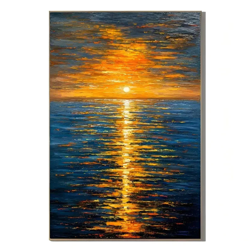 Ownanart Original Hand-Painted Golden Sunset Ocean Oil Painting, Glowing Sun Reflection on Deep Blue Sea Impasto Canvas Wall Art for Living Room, Bedroom and Luxury Coastal Home Decor # OA 1366