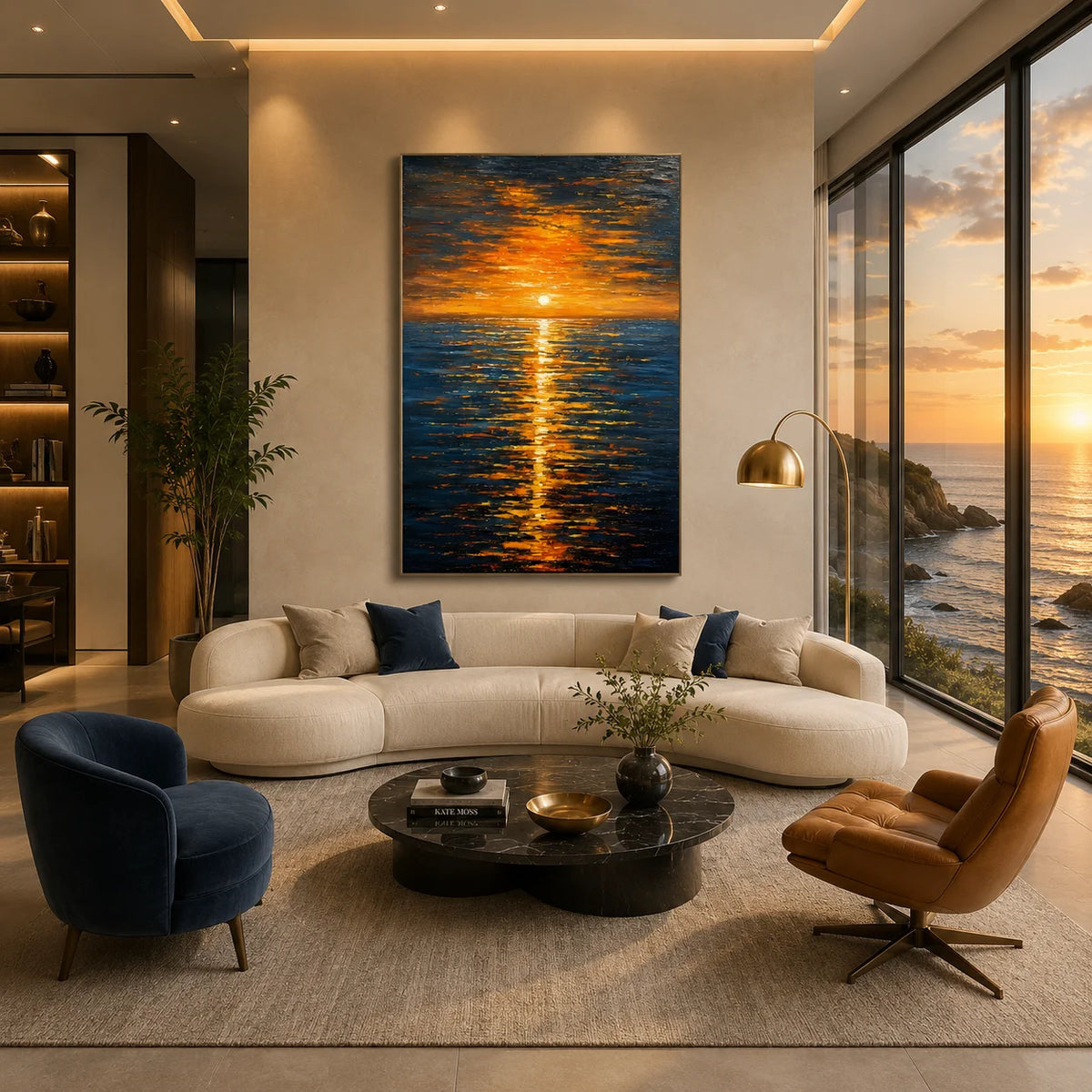 Ownanart Original Hand-Painted Golden Sunset Ocean Oil Painting, Glowing Sun Reflection on Deep Blue Sea Impasto Canvas Wall Art for Living Room, Bedroom and Luxury Coastal Home Decor # OA 1366