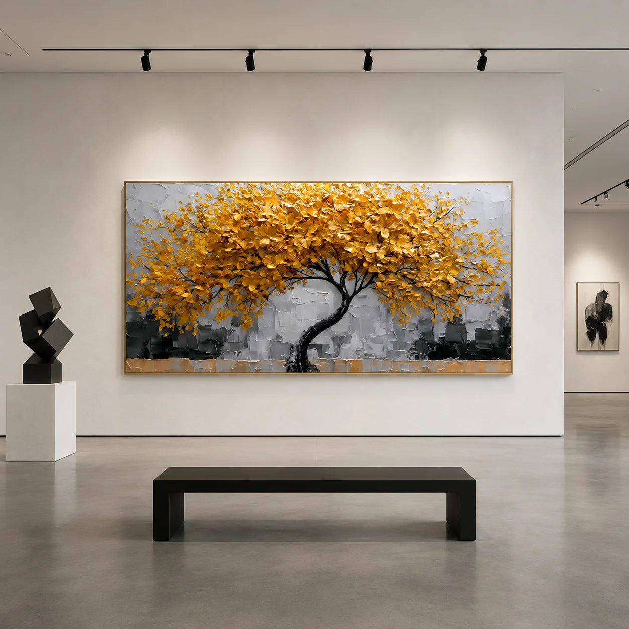 Ownanart Original Hand-Painted Golden Tree of Life Impasto Oil Painting, Modern Abstract Autumn Tree Textured Wall Art for Living Room Decor # OA 1249
