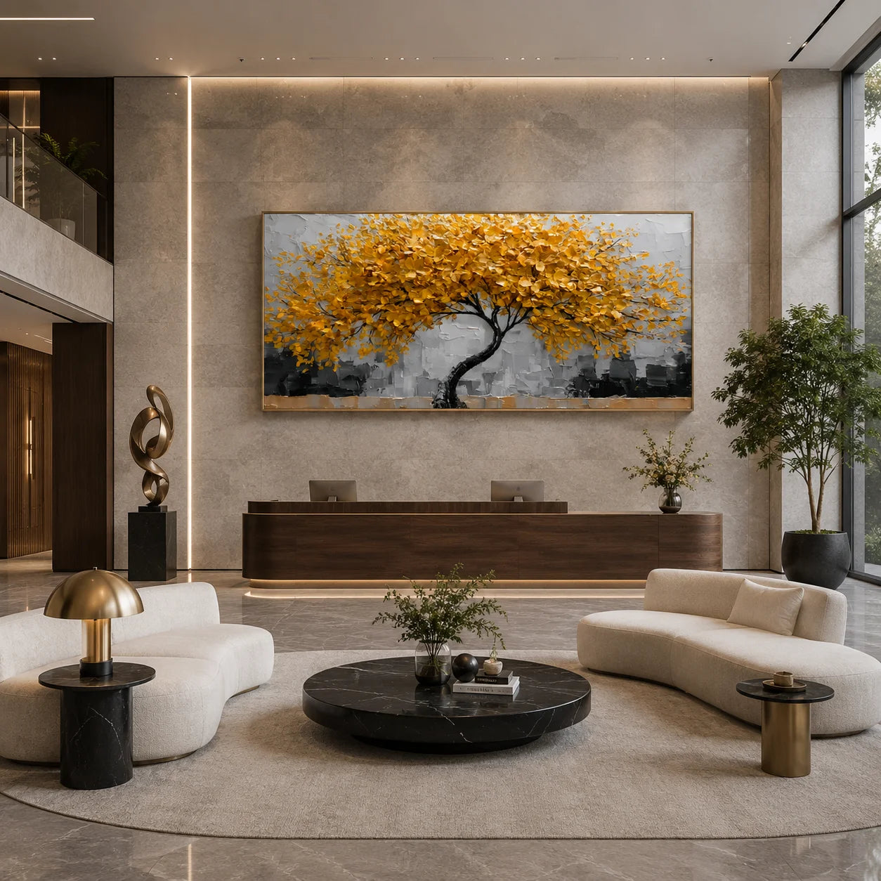 Ownanart Original Hand-Painted Golden Tree of Life Impasto Oil Painting, Modern Abstract Autumn Tree Textured Wall Art for Living Room Decor # OA 1249