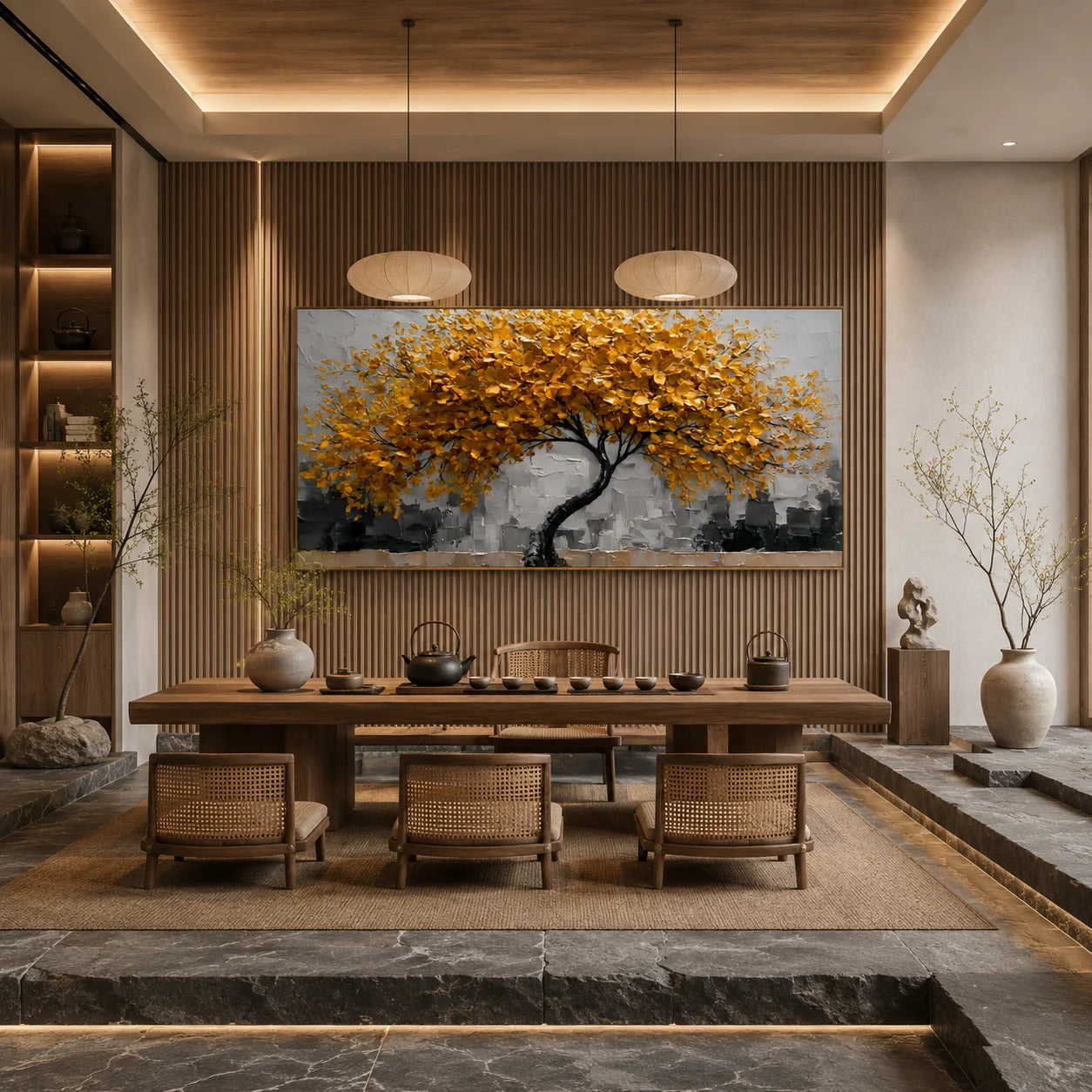 Ownanart Original Hand-Painted Golden Tree of Life Impasto Oil Painting, Modern Abstract Autumn Tree Textured Wall Art for Living Room Decor # OA 1249
