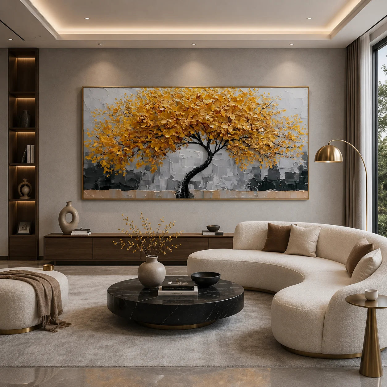 Ownanart Original Hand-Painted Golden Tree of Life Impasto Oil Painting, Modern Abstract Autumn Tree Textured Wall Art for Living Room Decor # OA 1249