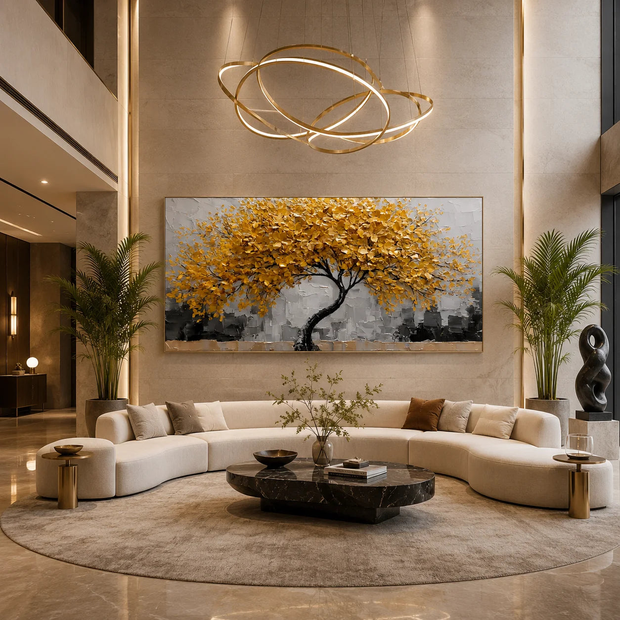 Ownanart Original Hand-Painted Golden Tree of Life Impasto Oil Painting, Modern Abstract Autumn Tree Textured Wall Art for Living Room Decor # OA 1249