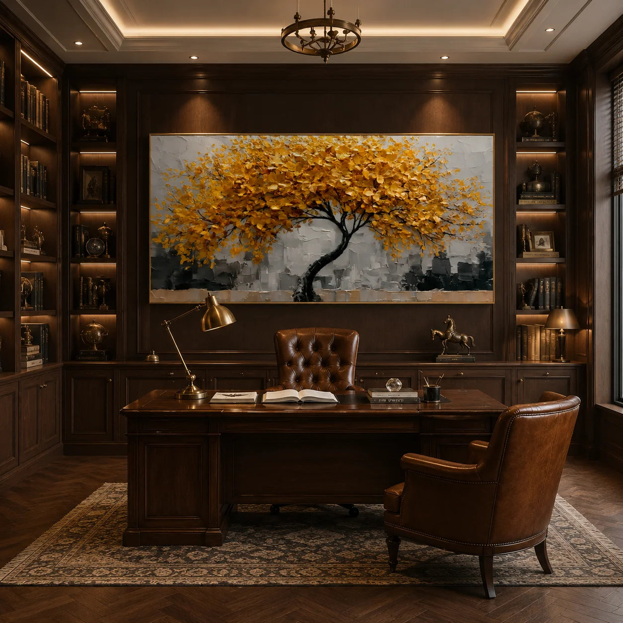 Ownanart Original Hand-Painted Golden Tree of Life Impasto Oil Painting, Modern Abstract Autumn Tree Textured Wall Art for Living Room Decor # OA 1249