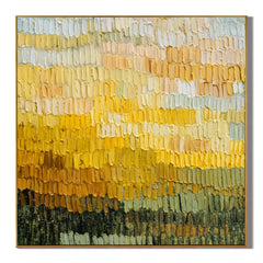 Ownanart Original Hand-Painted Golden Yellow Abstract Color Band Impasto Oil Painting, Cream, Mustard and Olive Green Textured Wall Art  # OA 1261