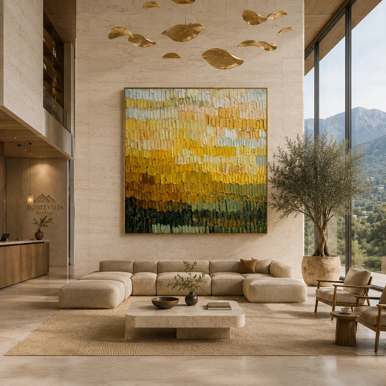 Ownanart Original Hand-Painted Golden Yellow Abstract Color Band Impasto Oil Painting, Cream, Mustard and Olive Green Textured Wall Art  # OA 1261