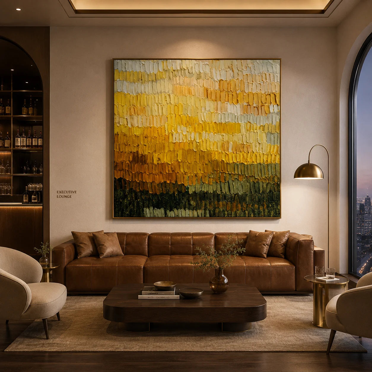 Ownanart Original Hand-Painted Golden Yellow Abstract Color Band Impasto Oil Painting, Cream, Mustard and Olive Green Textured Wall Art  # OA 1261