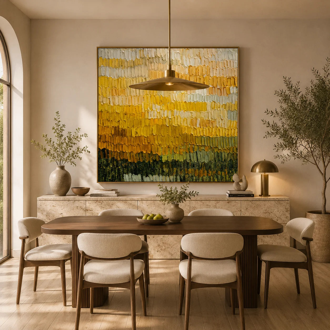Ownanart Original Hand-Painted Golden Yellow Abstract Color Band Impasto Oil Painting, Cream, Mustard and Olive Green Textured Wall Art  # OA 1261