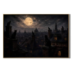 Ownanart Original Hand-Painted Gothic Black Cat Moonlit Cityscape Oil Painting with Full Moon, Rooftop Cats, Flying Bats and Dark Halloween Wall Art # OA 1315
