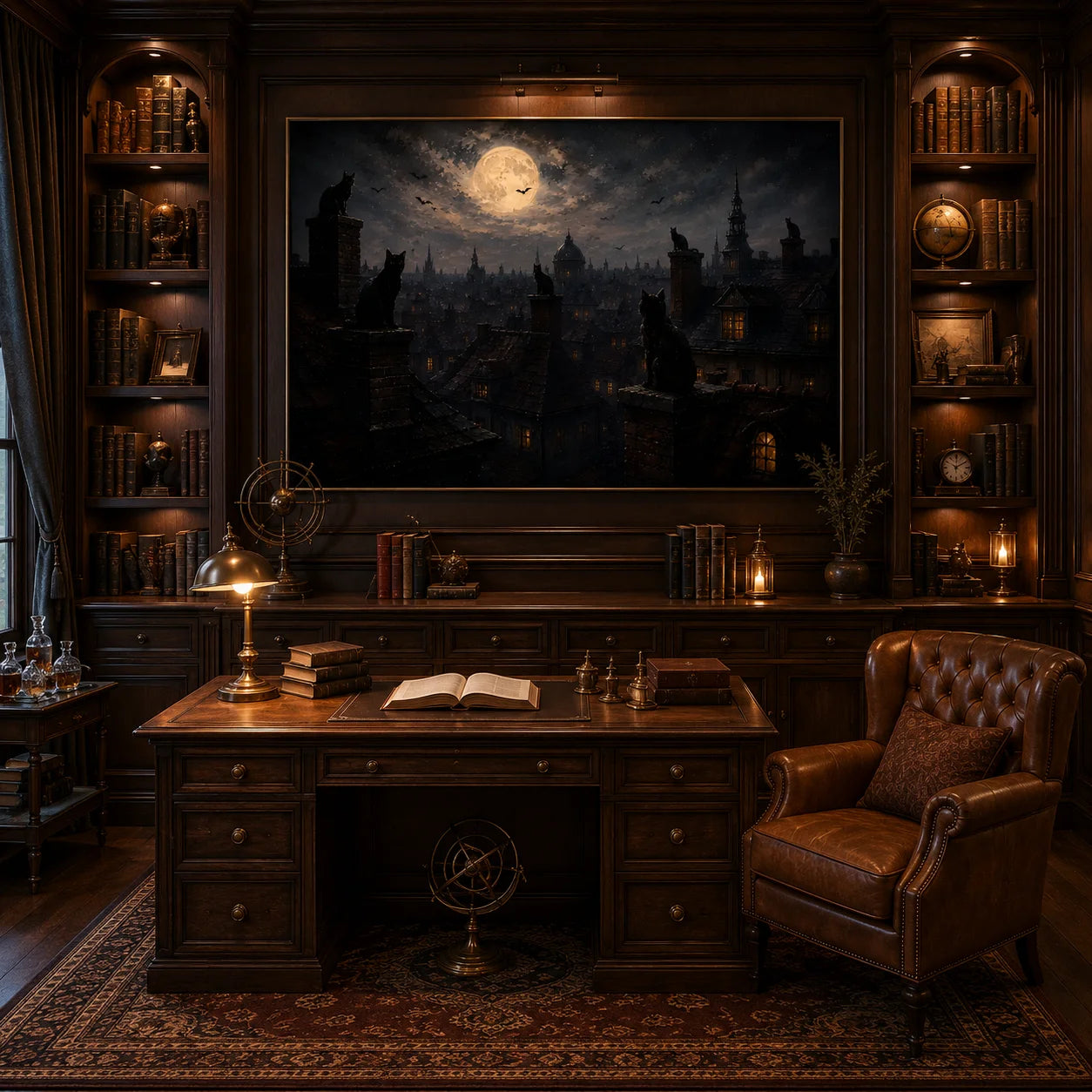 Ownanart Original Hand-Painted Gothic Black Cat Moonlit Cityscape Oil Painting with Full Moon, Rooftop Cats, Flying Bats and Dark Halloween Wall Art # OA 1315