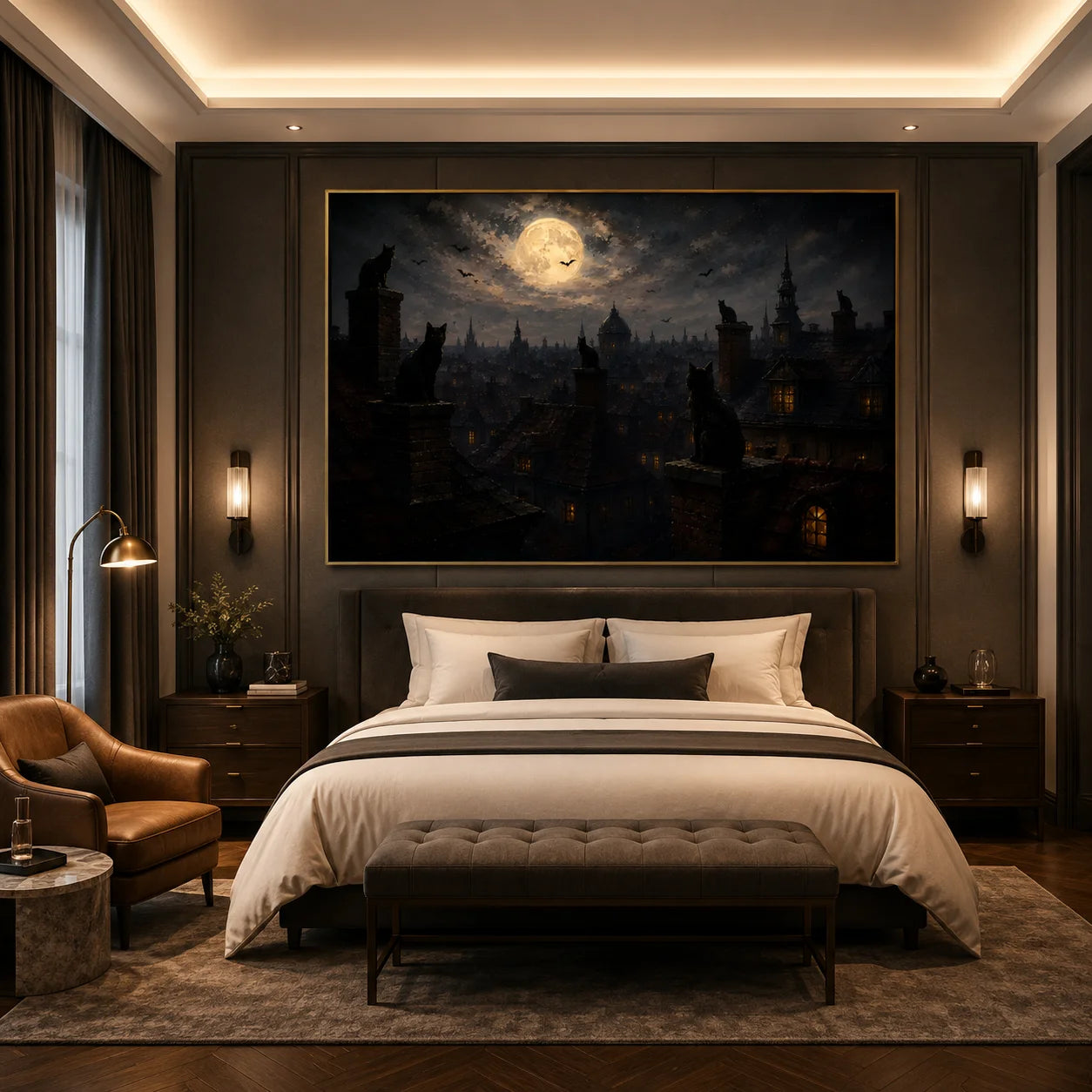Ownanart Original Hand-Painted Gothic Black Cat Moonlit Cityscape Oil Painting with Full Moon, Rooftop Cats, Flying Bats and Dark Halloween Wall Art # OA 1315