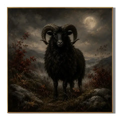 Ownanart Original Hand-Painted Gothic Black Ram Oil Painting with Moonlit Valley, Curved Horns and Dark Autumn Landscape Vintage Wall Art # OA 1305