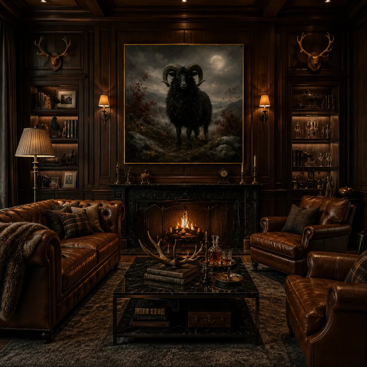 Ownanart Original Hand-Painted Gothic Black Ram Oil Painting with Moonlit Valley, Curved Horns and Dark Autumn Landscape Vintage Wall Art # OA 1305