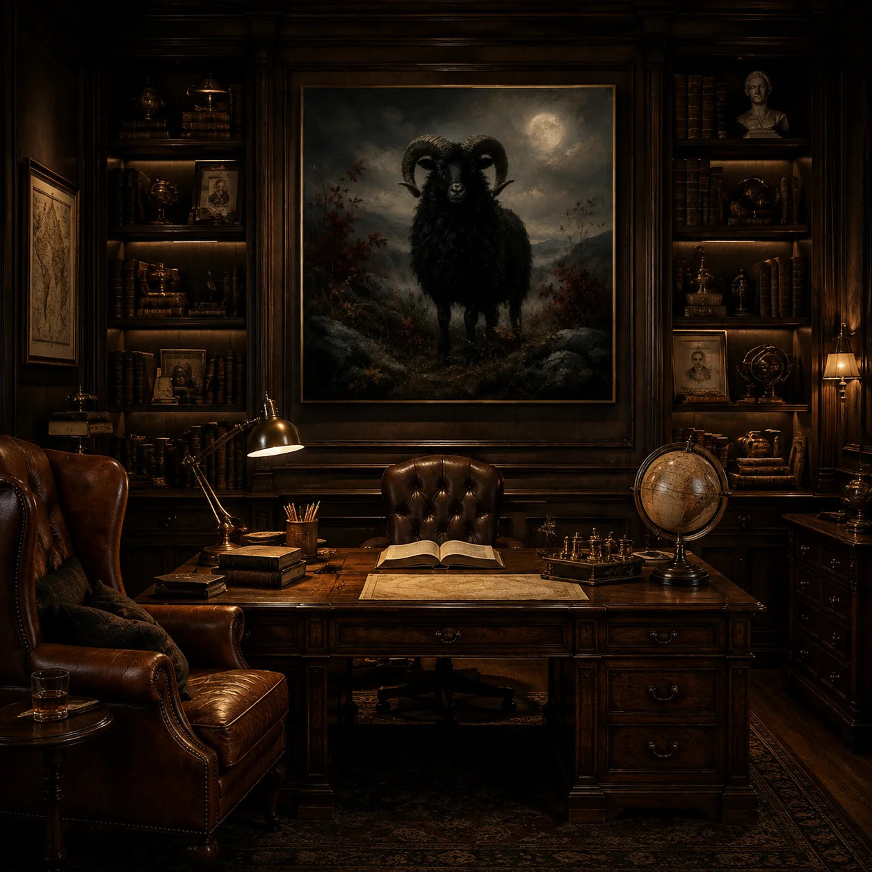 Ownanart Original Hand-Painted Gothic Black Ram Oil Painting with Moonlit Valley, Curved Horns and Dark Autumn Landscape Vintage Wall Art # OA 1305