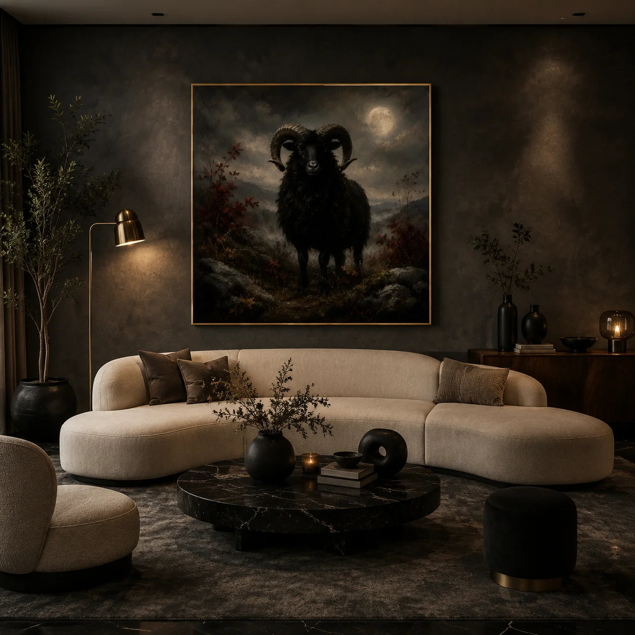 Ownanart Original Hand-Painted Gothic Black Ram Oil Painting with Moonlit Valley, Curved Horns and Dark Autumn Landscape Vintage Wall Art # OA 1305
