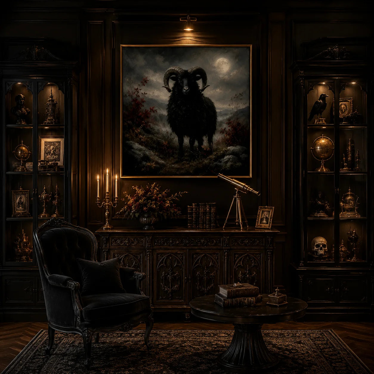 Ownanart Original Hand-Painted Gothic Black Ram Oil Painting with Moonlit Valley, Curved Horns and Dark Autumn Landscape Vintage Wall Art # OA 1305