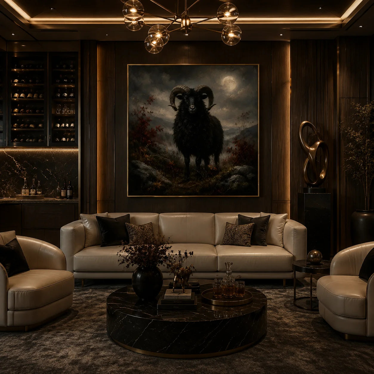 Ownanart Original Hand-Painted Gothic Black Ram Oil Painting with Moonlit Valley, Curved Horns and Dark Autumn Landscape Vintage Wall Art # OA 1305