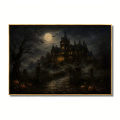 Ownanart Original Hand-Painted Gothic Halloween Haunted Mansion Landscape Oil Painting with Full Moon, Bats, Foggy Castle and Pumpkin Path Dark Vintage Wall Art # OA 1313